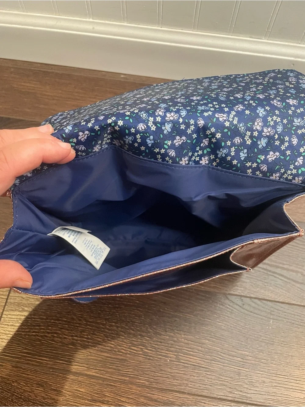 Cath Kidston Rose Gold Pink Glitter Backpack with Navy Adjustable Straps